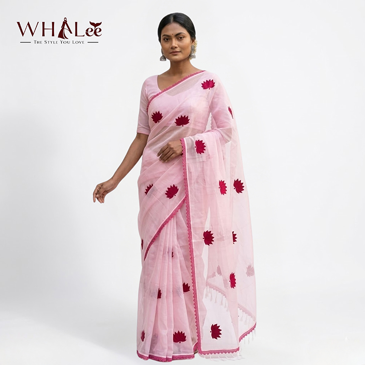 Pink Floral Design Muslin Saree