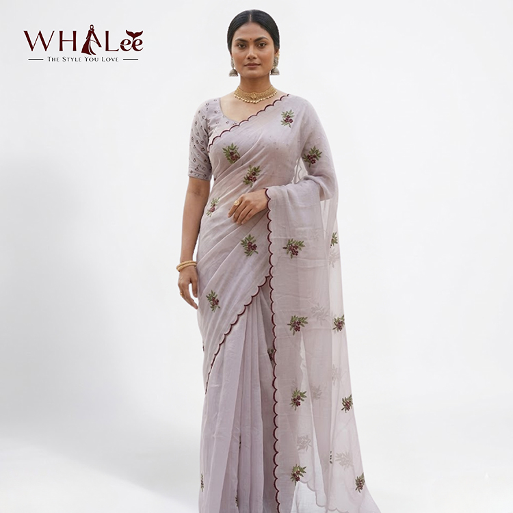 Soft Grey Floral Design Muslin Saree