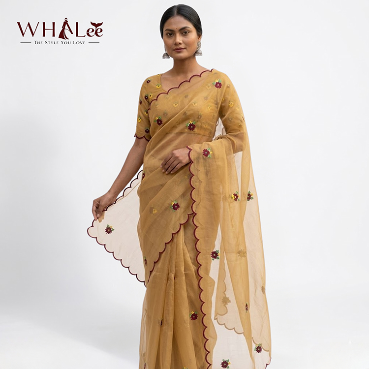 Beige Gold Floral Design Muslin Saree