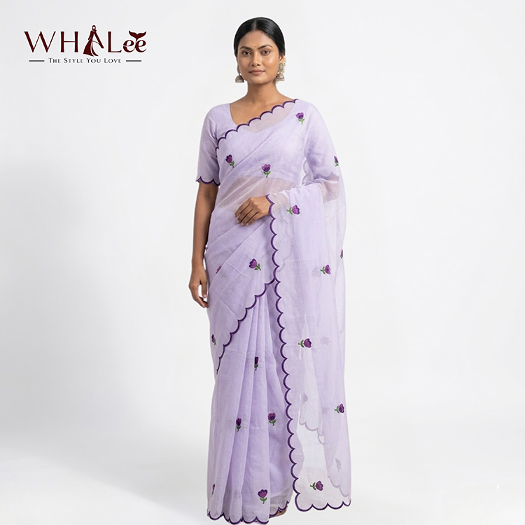 Purple Floral Design Muslin Saree