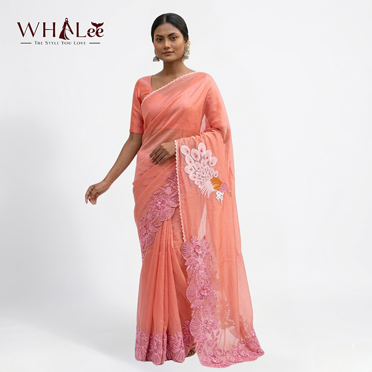 Peach Floral Peacock Design Muslin Saree
