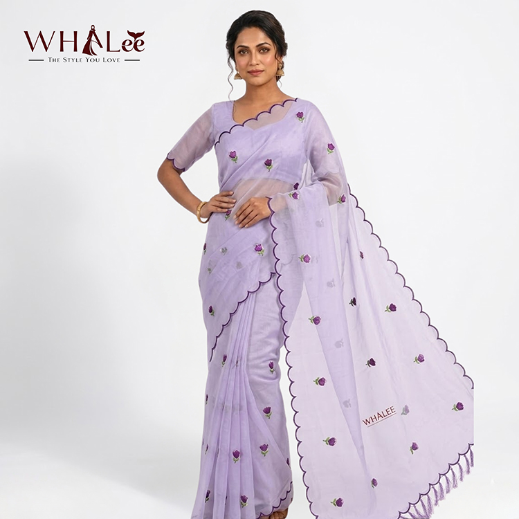 Purple Floral Design Muslin Saree 2